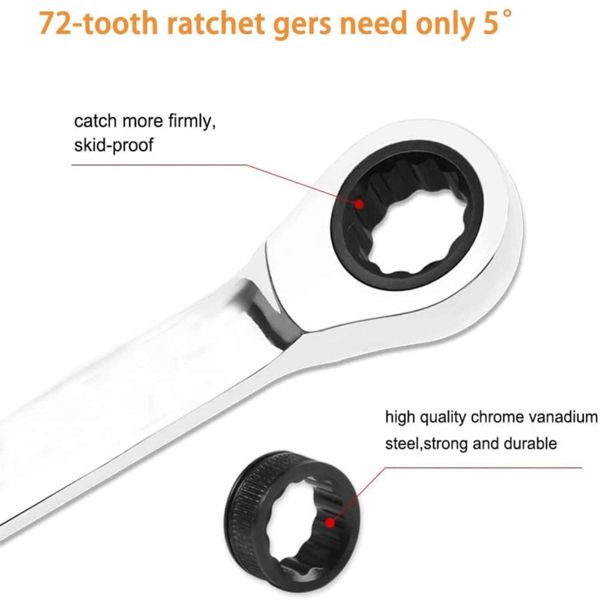 Ratchet head detail on a chrome metric double box-end wrench with black internal drive