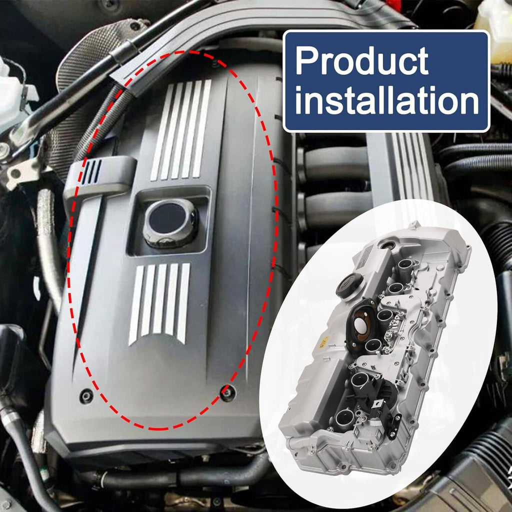 Aluminum engine valve cover installed area with red-outlined cover section, vehicle bay