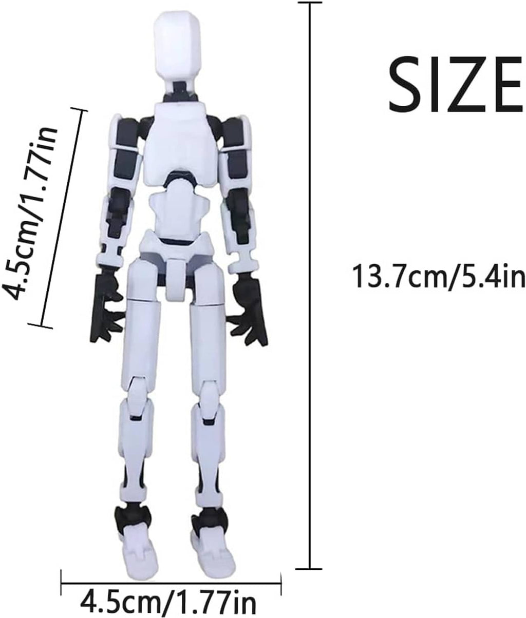 White articulated robot action figure with size diagram, 13.7 cm height shown