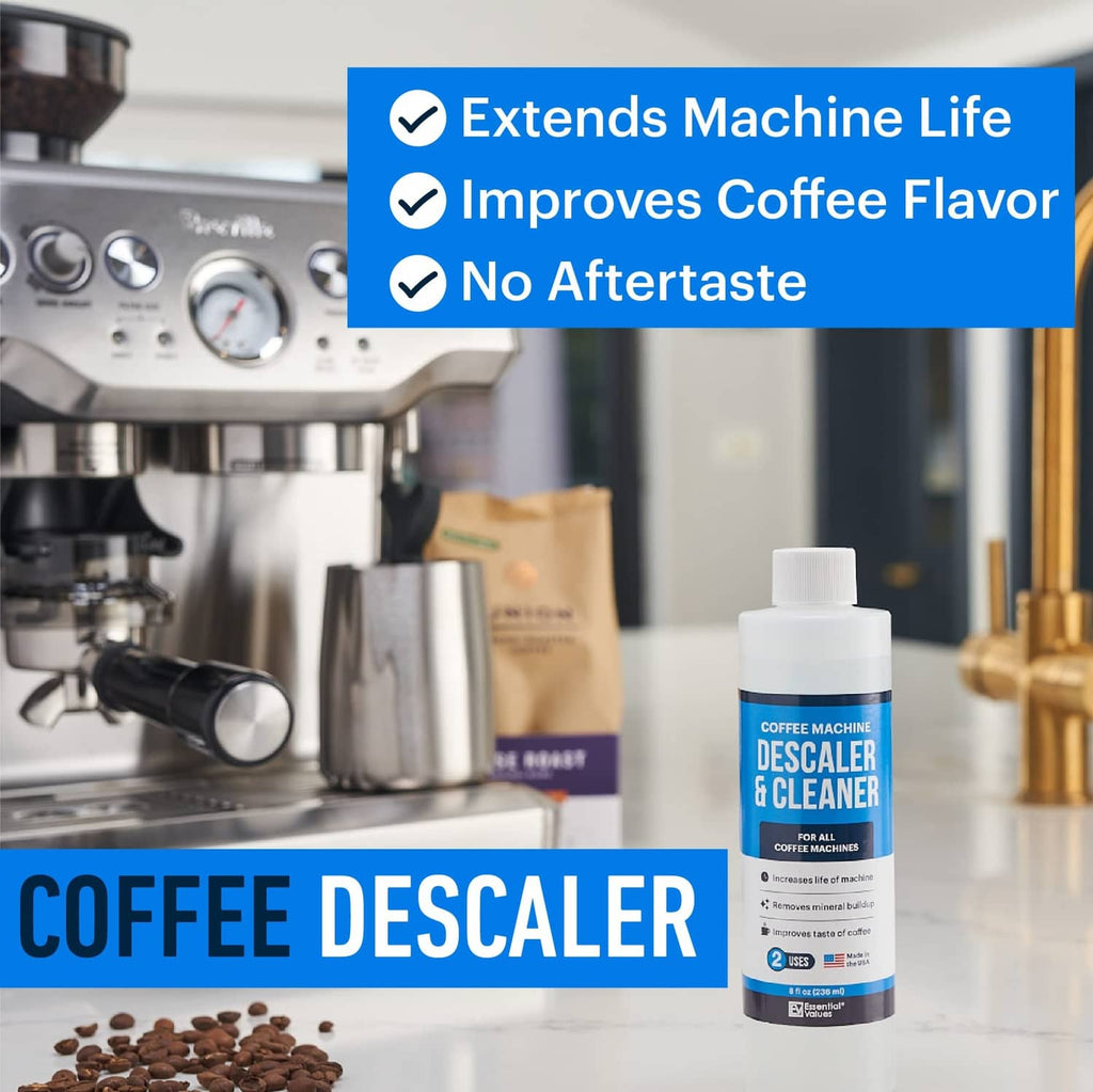 Coffee machine descaler & cleaner bottle with blue label and black cap