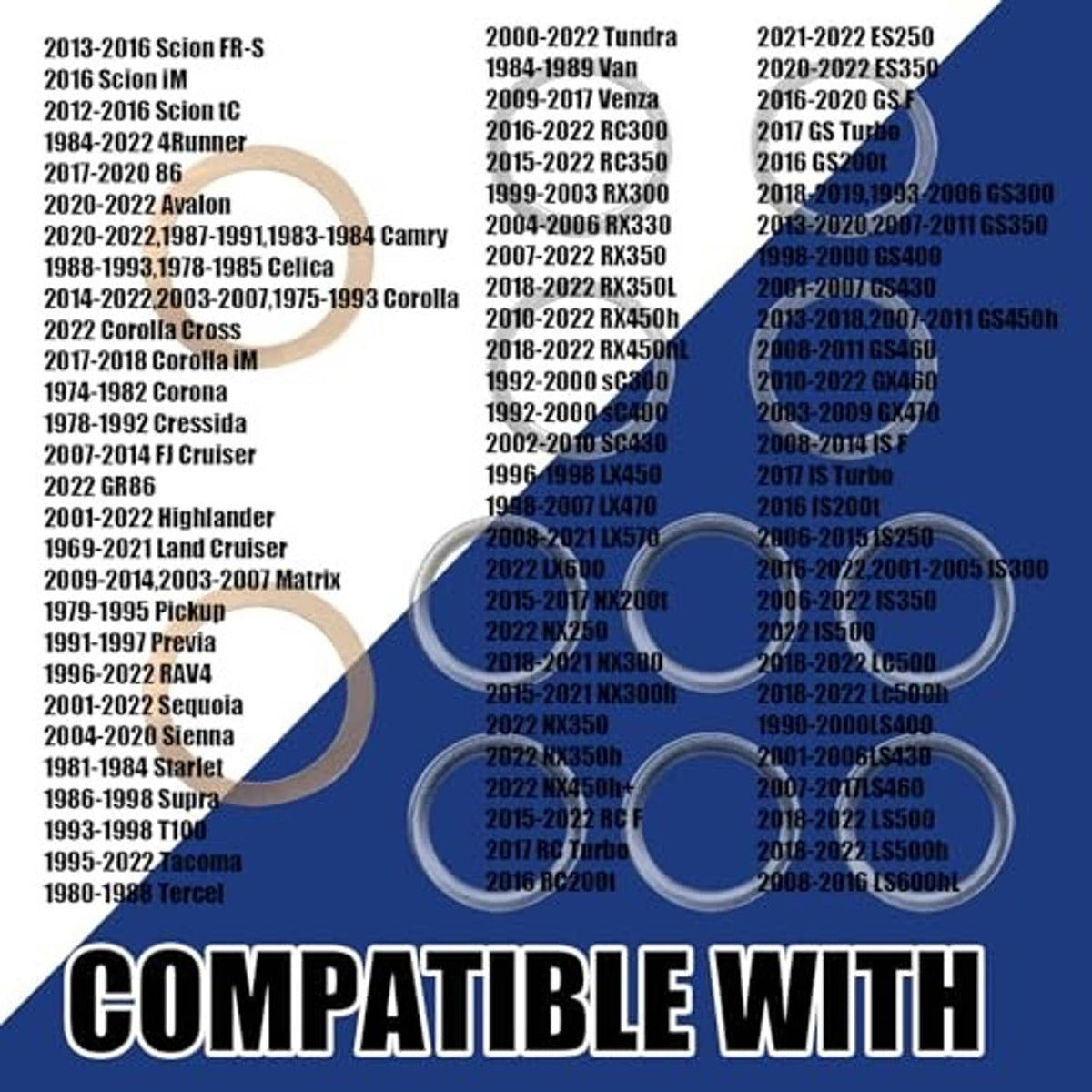 Crush gasket kit with compatible vehicle list, copper and blue steel sealing rings