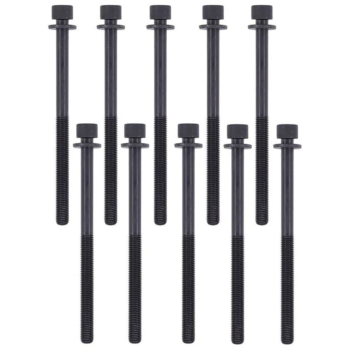 Engine assembly bolts with black heads and threaded steel shafts