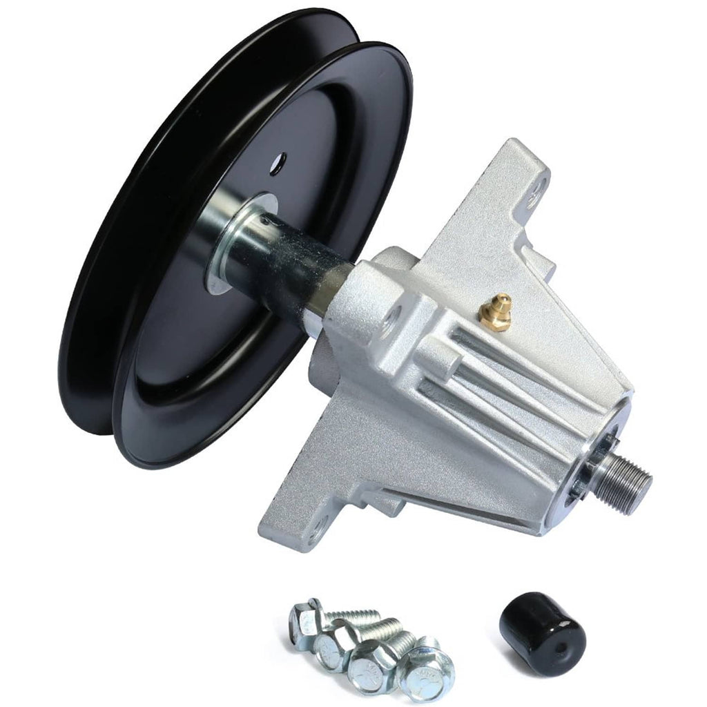 Deck spindle assembly with black pulley, silver housing, and included bolts