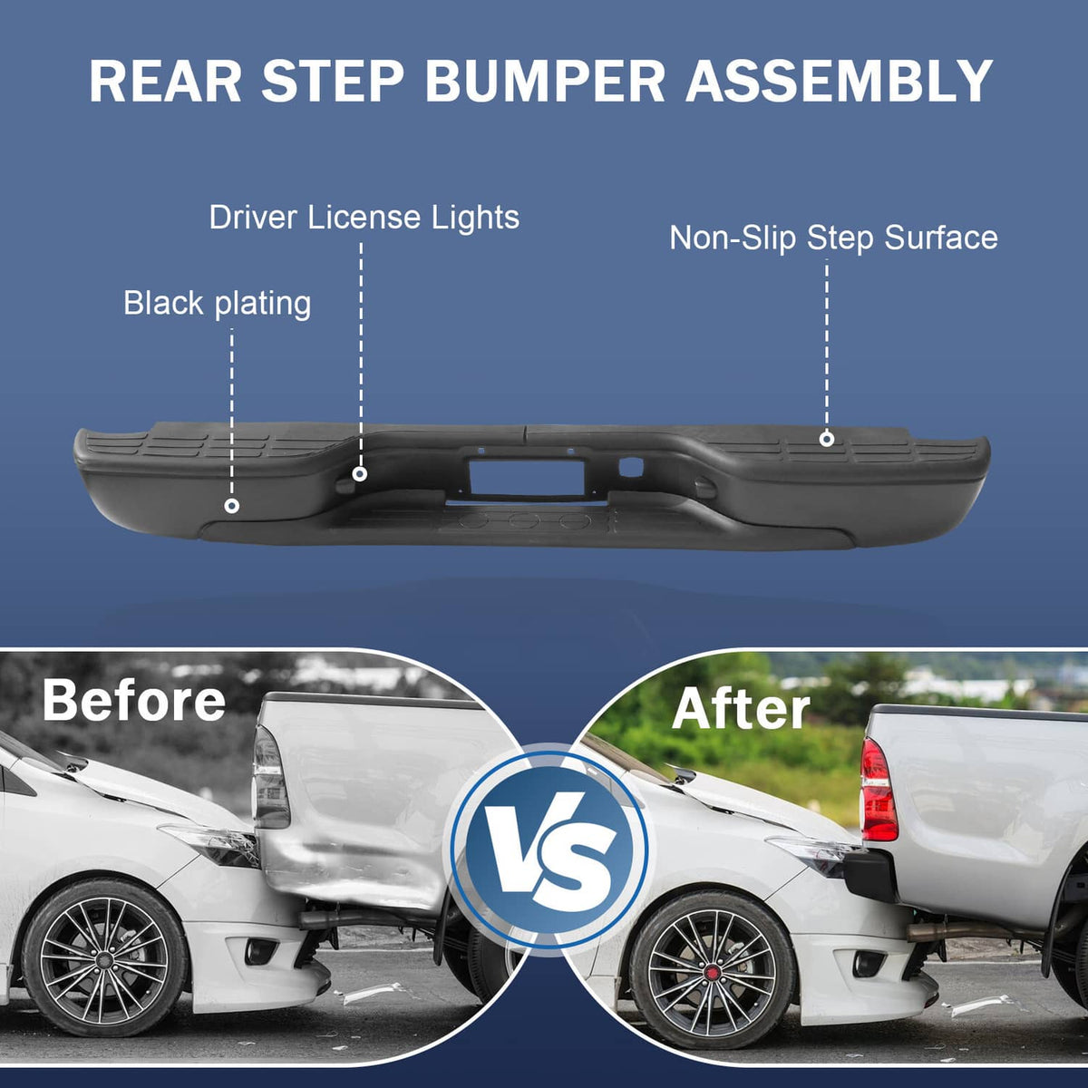 Black rear step bumper with textured non-slip step surface and license plate cutout