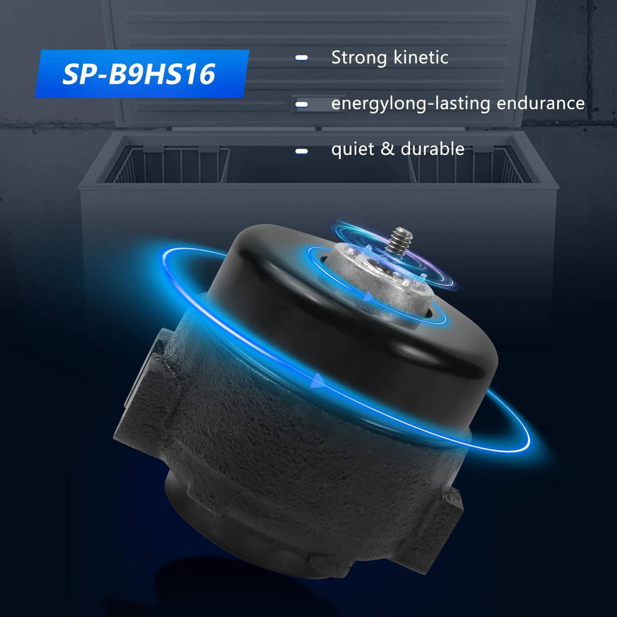 Cylindrical black fan motor with blue airflow glow and top threaded mounting stud