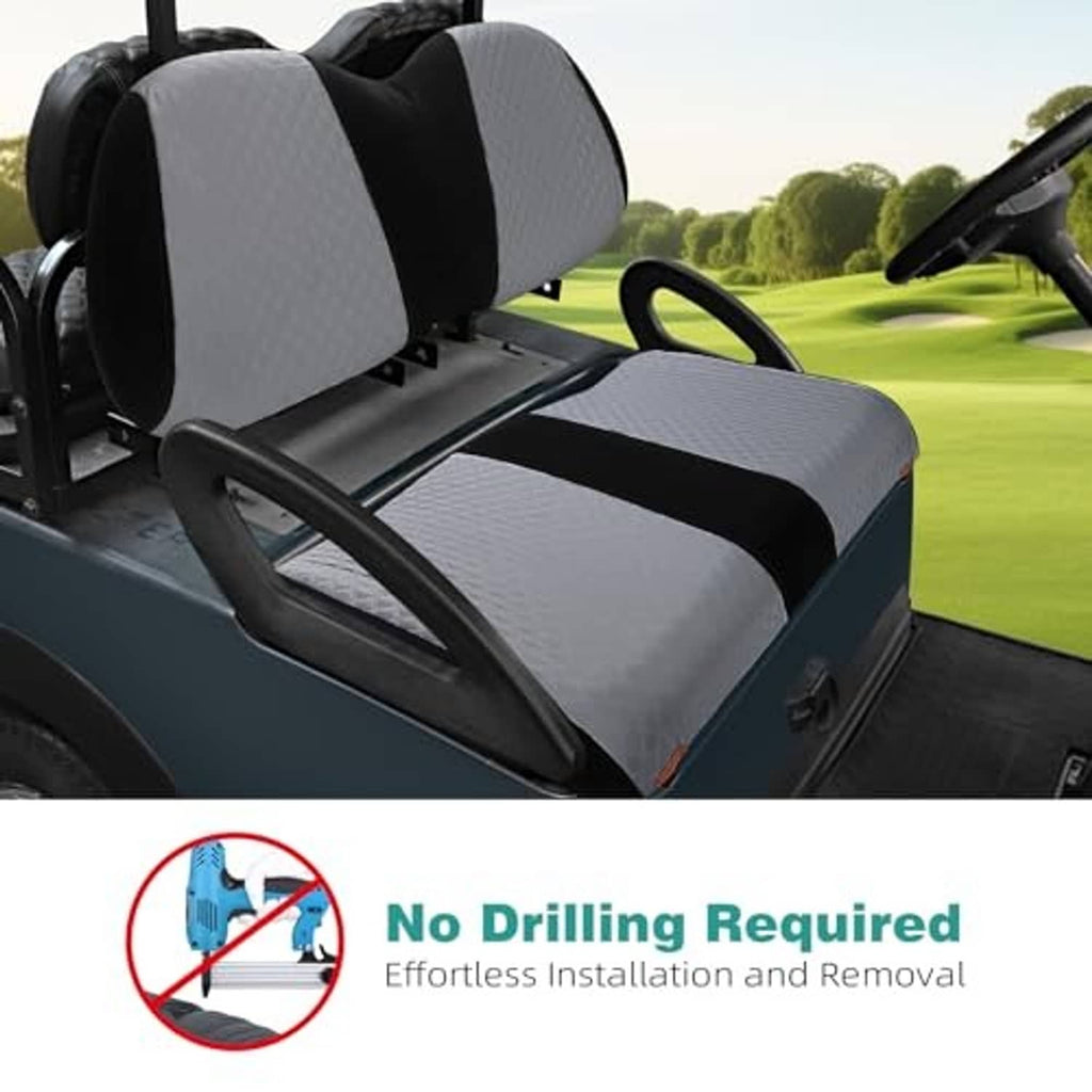 Gray and black installed seat cover on golf cart front bench seat