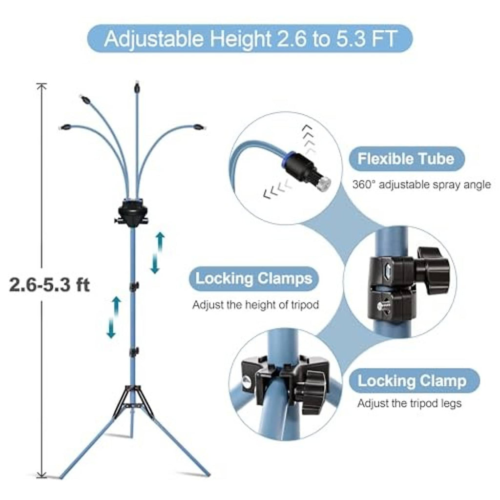 Adjustable tripod mist stand with locking clamps and flexible spray tube for nozzles