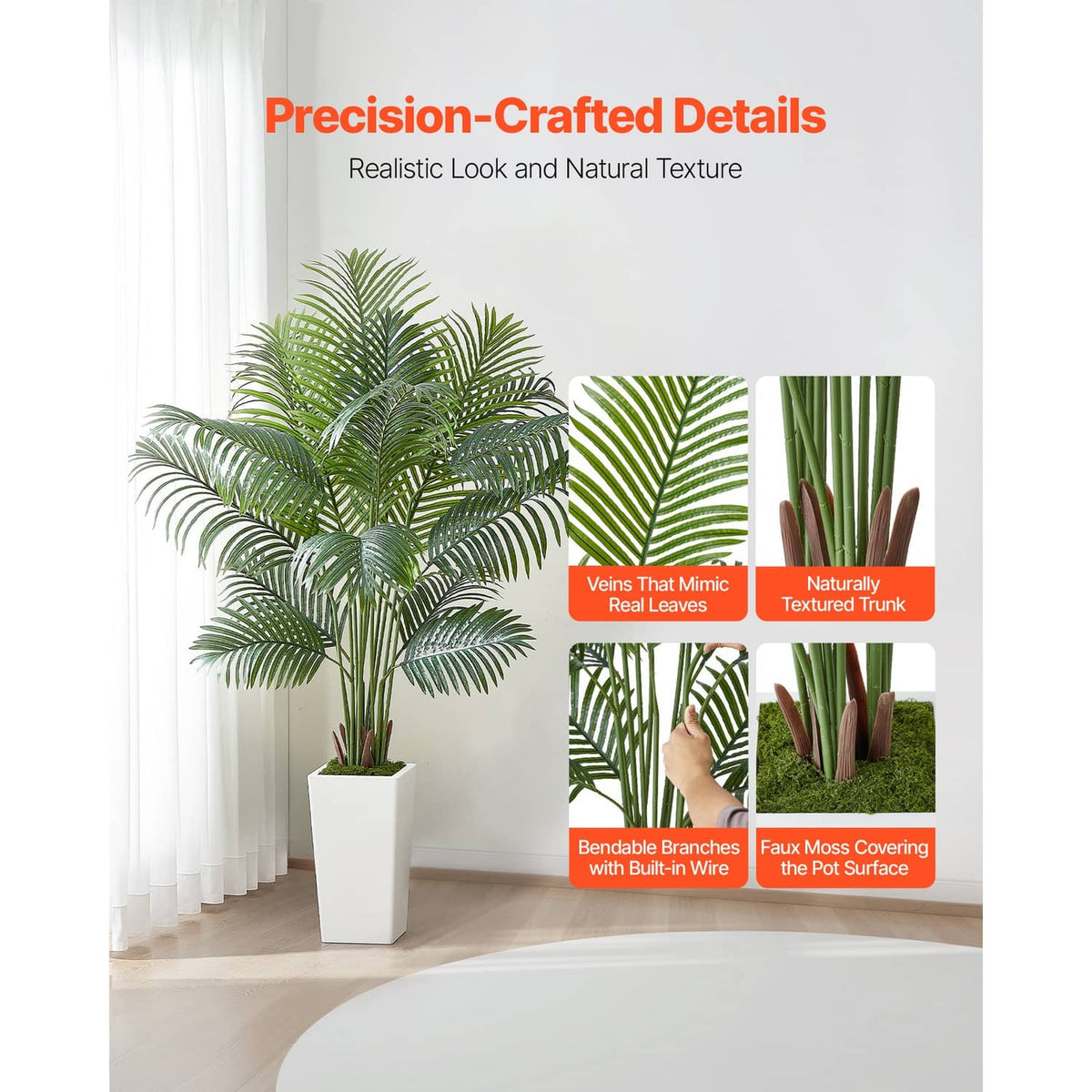 Artificial areca palm in a white pot with detailed green leaf fronds for indoor decor