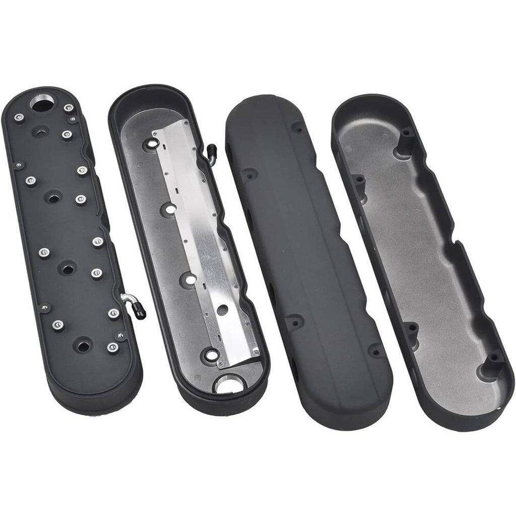 Valve cover components: black top, silver mounting plate, and molded coil-mount housing