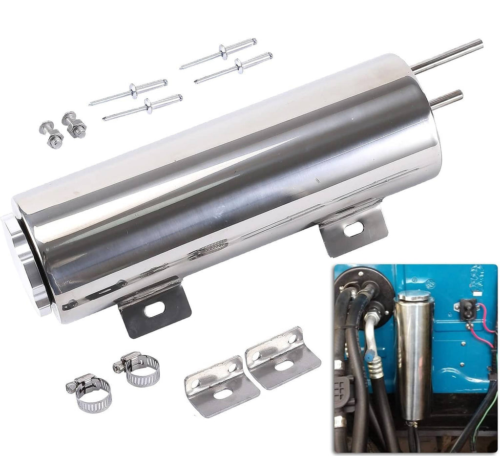 Polished stainless steel radiator coolant overflow catch tank with mounting bracket