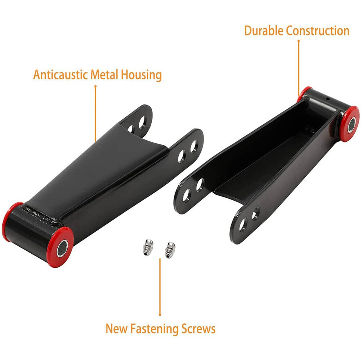 Black rear lowering shackles with red bushings, mounting tabs, and fastening screws