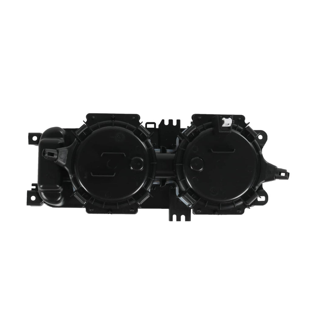 Black dual cup holder insert top view with two circular housings and wiring channels
