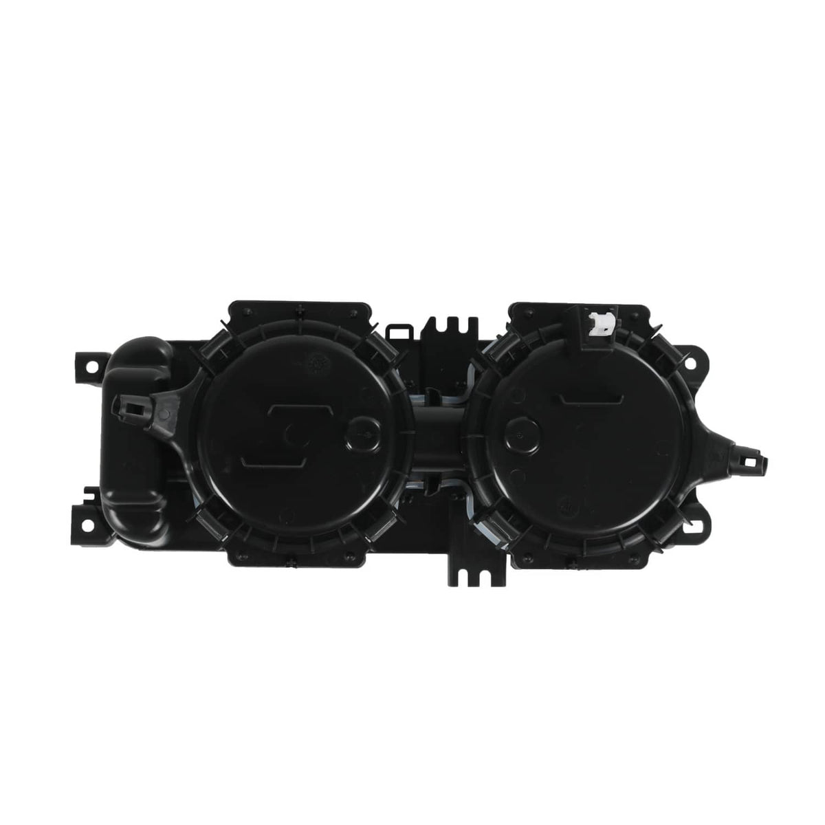 Black dual cup holder insert top view with two circular housings and wiring channels
