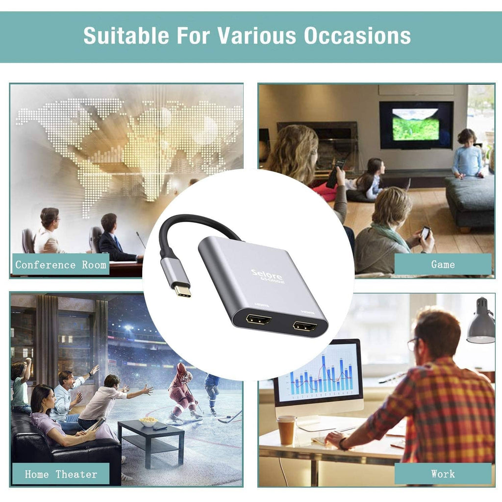 Grey dual HDMI USB-C adapter with cable for home, conference, and work