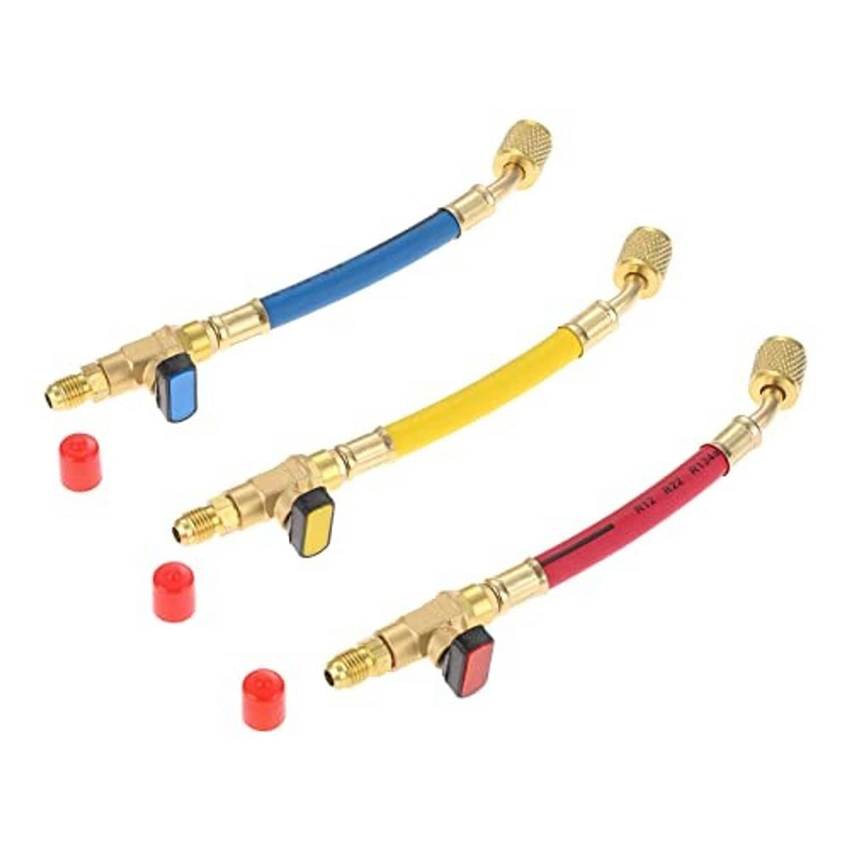 Refrigeration charging hoses in blue, yellow, and red with brass ball valves