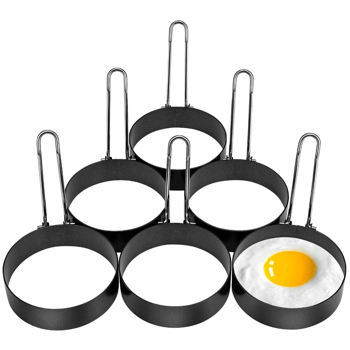6-piece stainless egg cooking ring set with nonstick round molds and handles, one egg