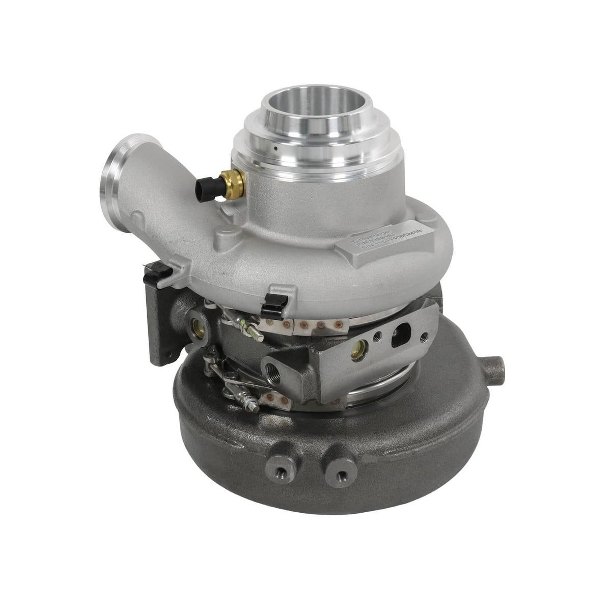 Turbocharger assembly shown from side with silver housing and dark base