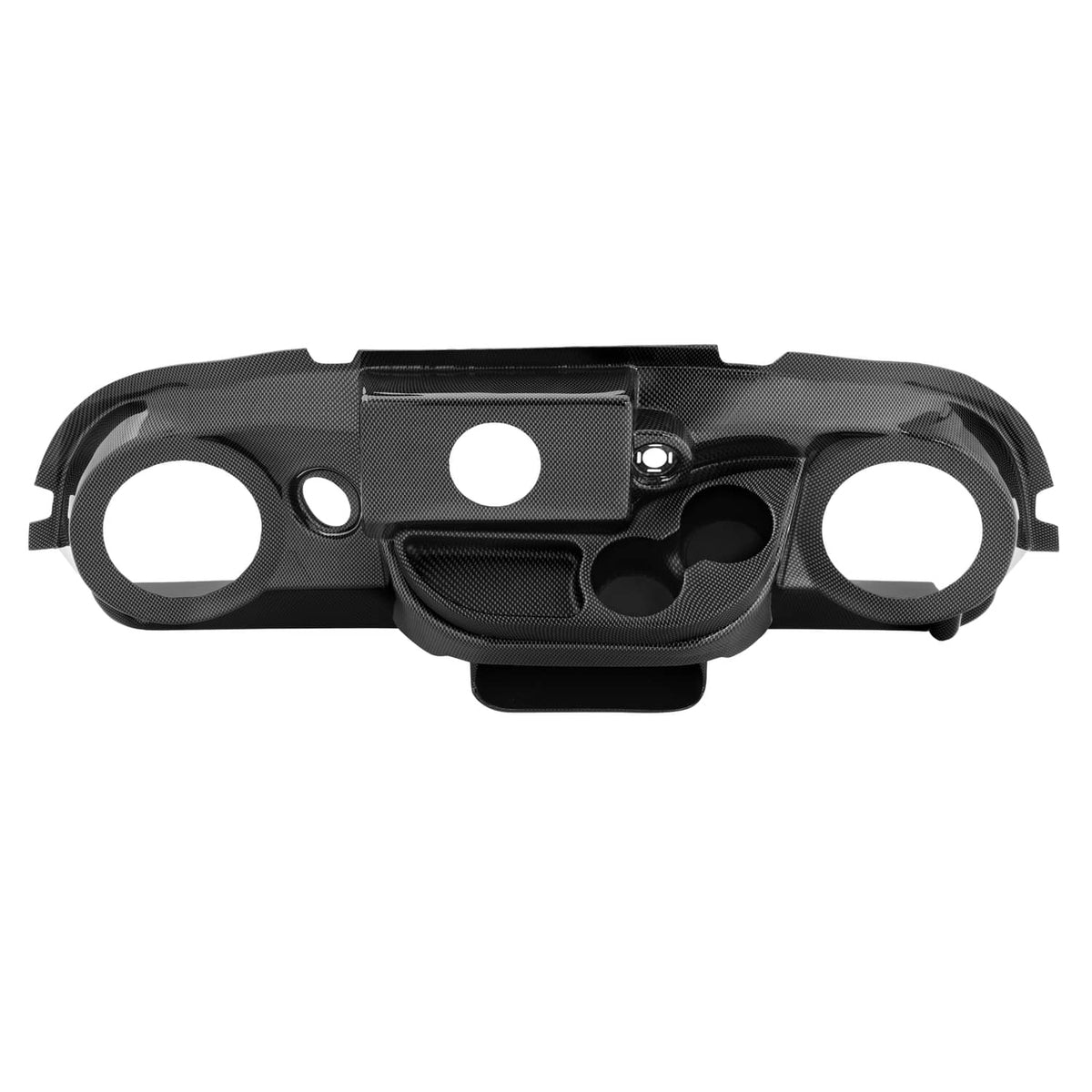 Golf cart dashboard cover in carbon-fiber style black with radio surround and speaker holes