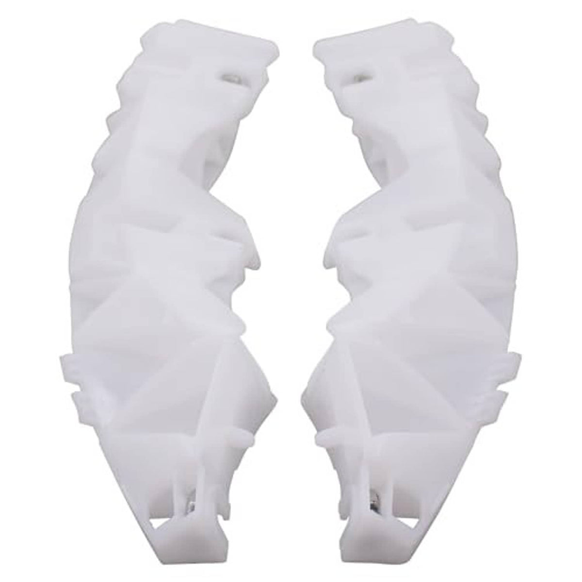 Front bumper bracket stiffener kit, two white plastic bracket halves with mounting openings