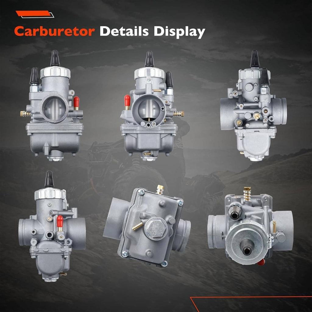 2-stroke carburetor detail display with several views of silver unit