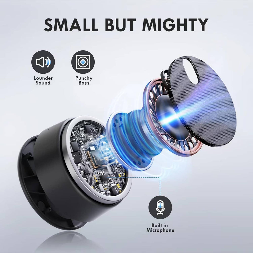 Black USB speaker showing internal components, textured top grille, built-in mic