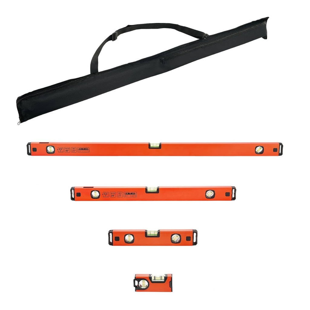 Orange torpedo level set with four lengths, black caps, and bubble vials; storage bag included