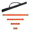 Orange torpedo level set with four lengths, black caps, and bubble vials; storage bag included