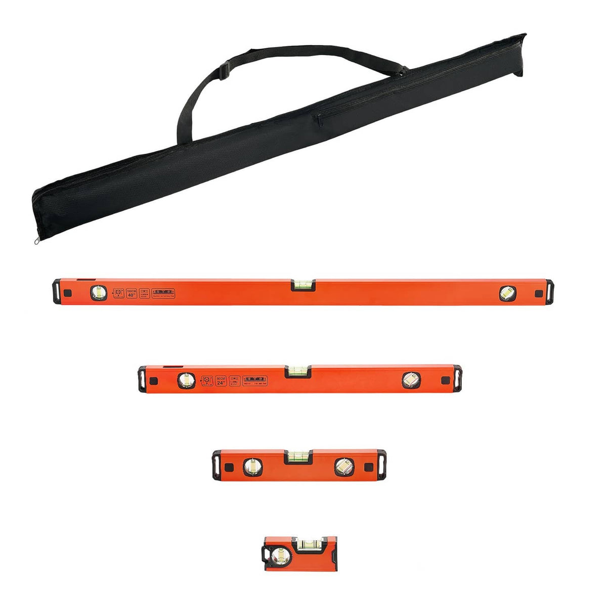 Orange torpedo level set with four lengths, black caps, and bubble vials; storage bag included