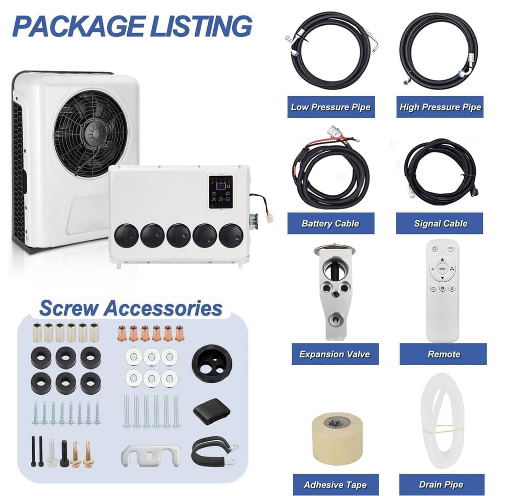 Split AC kit contents: outdoor unit, pressure pipes, cables, remote, screws, and accessories
