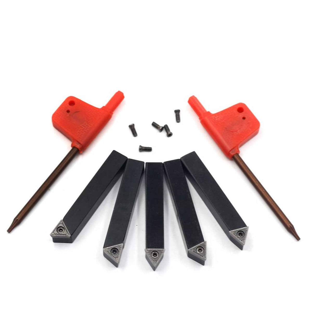 Five black 5/16-inch tool holders with two red handle caps and several small screws