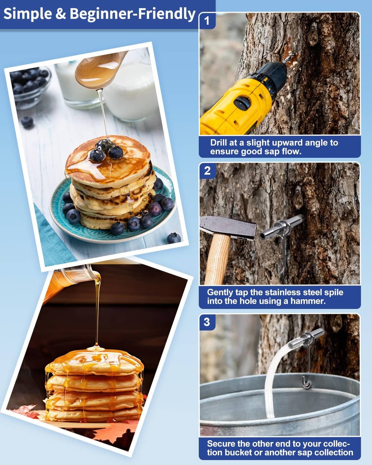 Maple syrup tapping kit steps: drill, tap insertion into tree, collecting sap in bucket