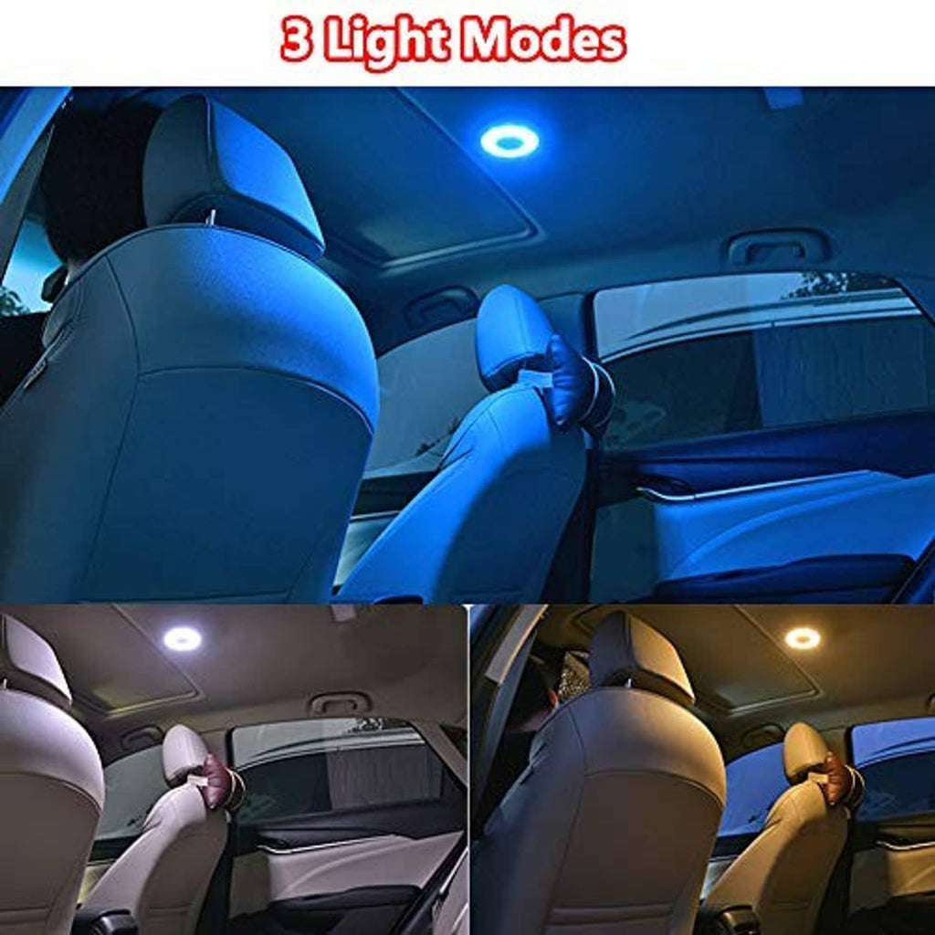 Blue LED car interior lighting illuminating front seats and dashboard areas