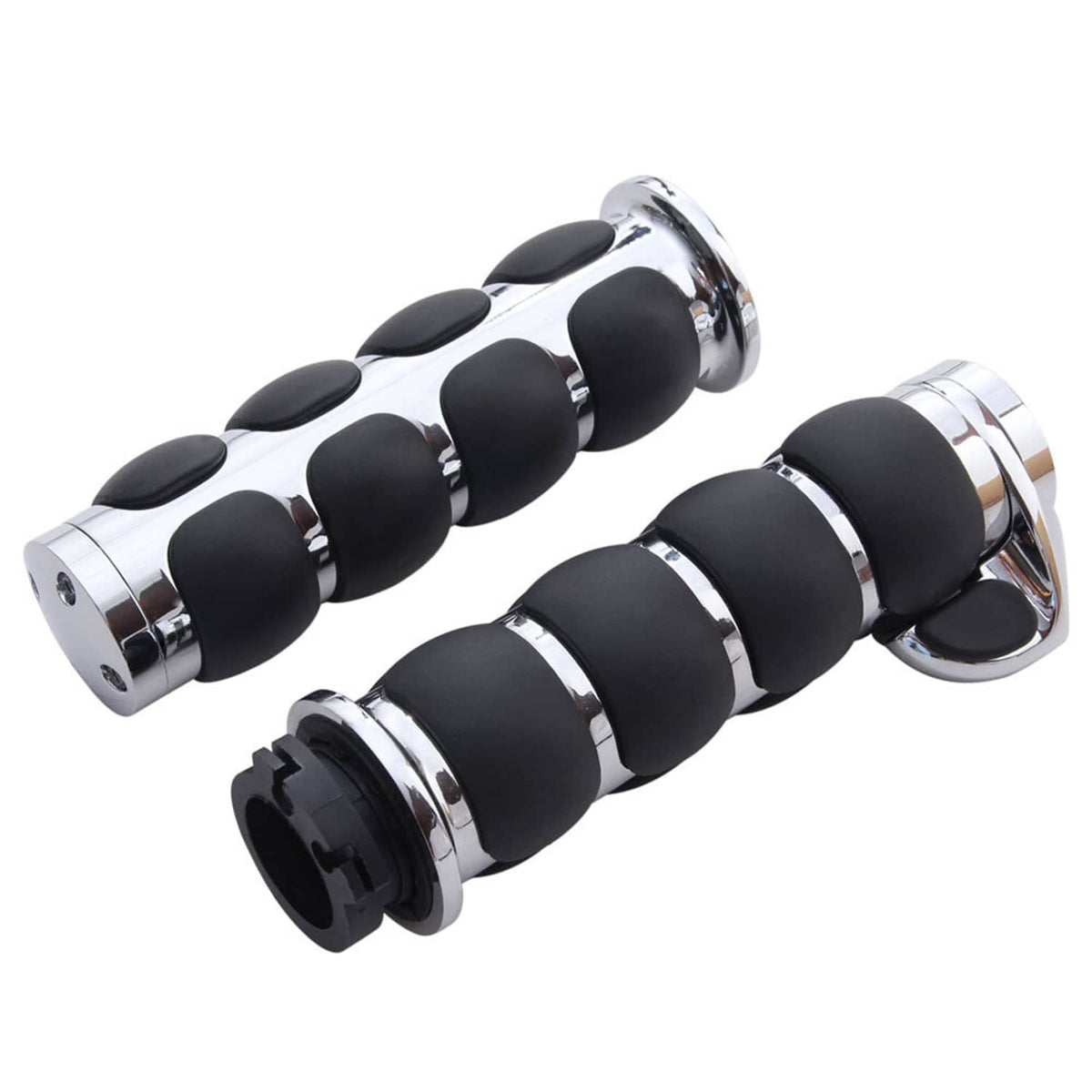 Pair of handlebar hand grips, black rubber pads with chrome ends and silver ring bands