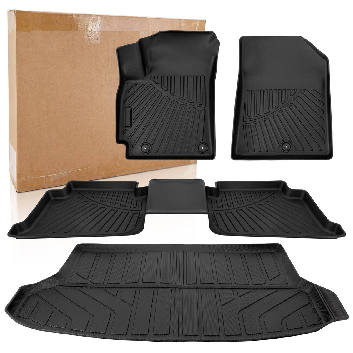 Set of black molded TPE floor mats and cargo liner with raised channels