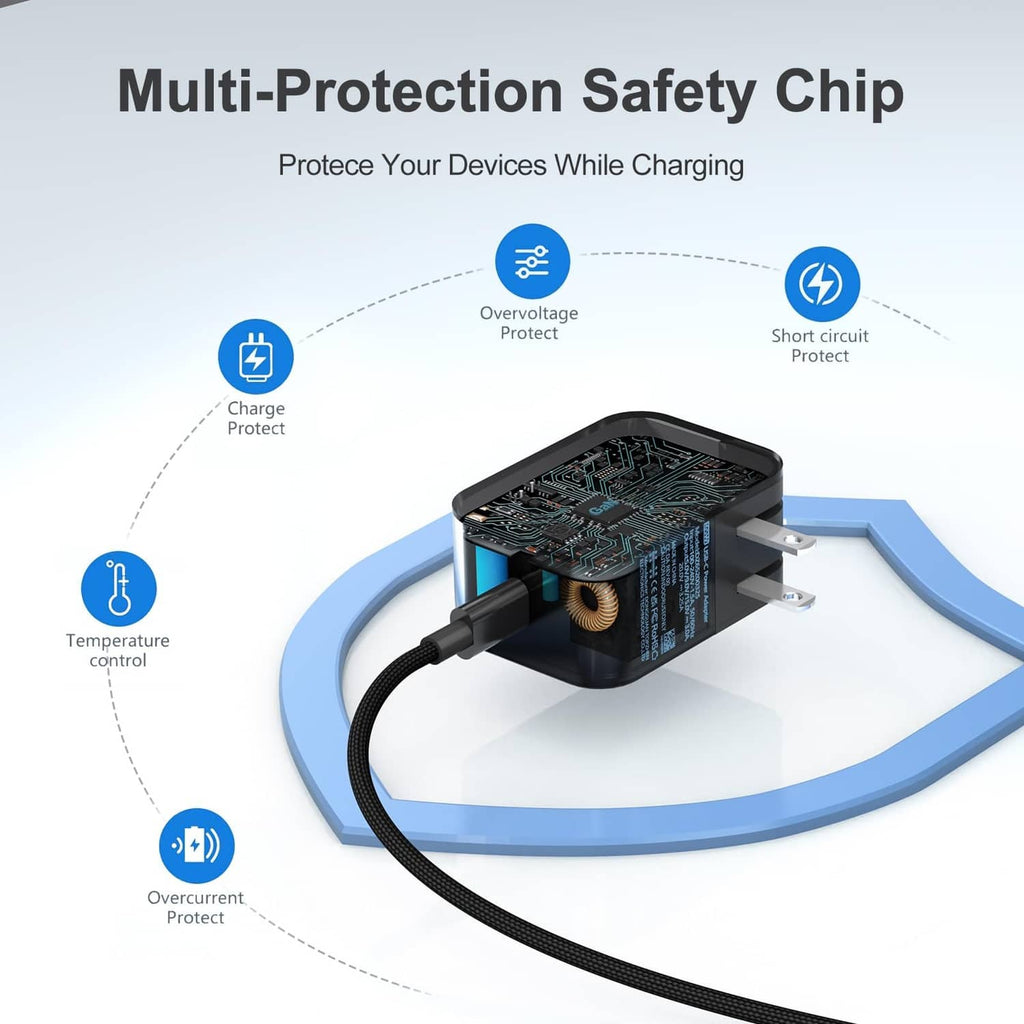 Black charging adapter with safety-protection chip housing and braided cable