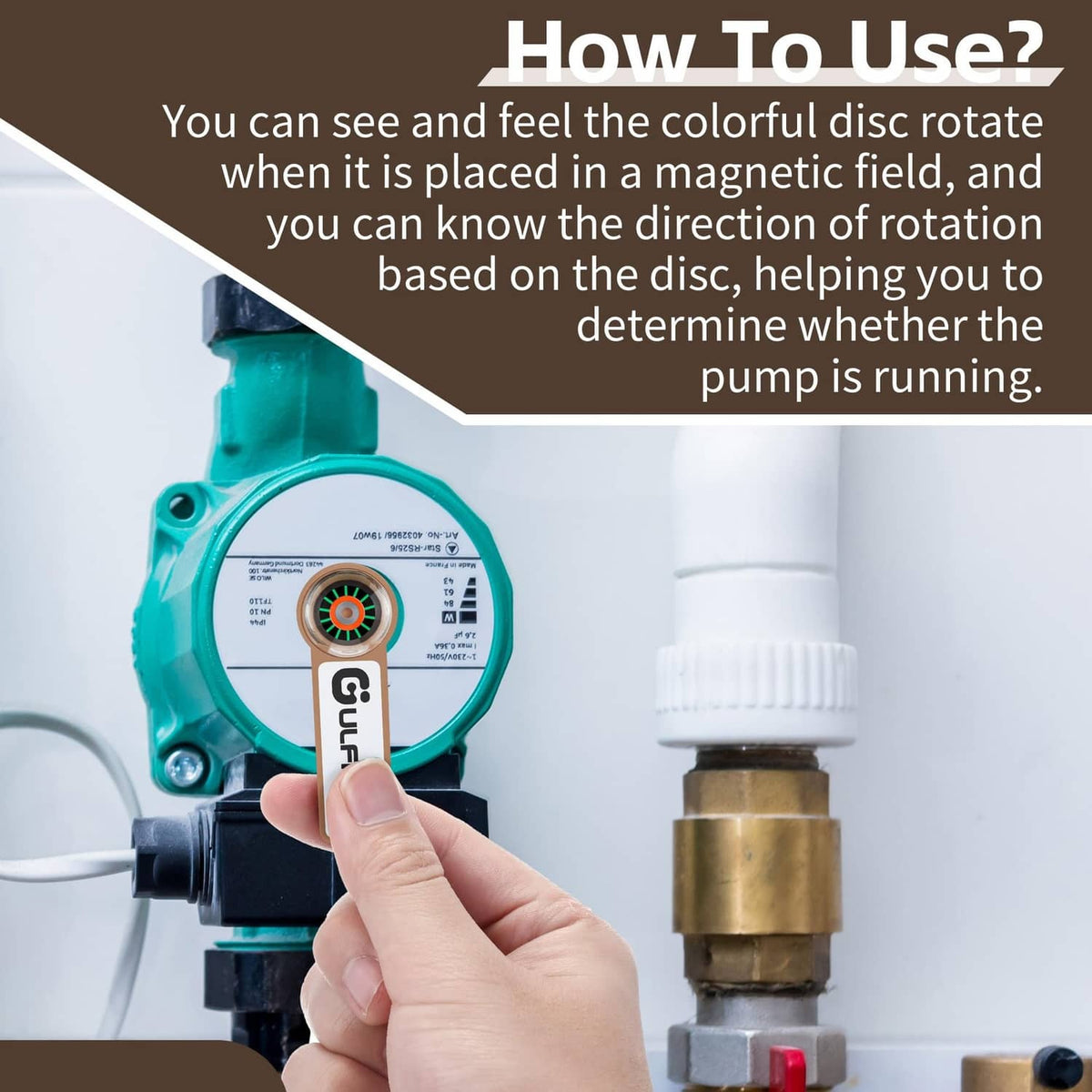 Brown solenoid rotation tester keychain near pump, colorful rotating magnet disc visible