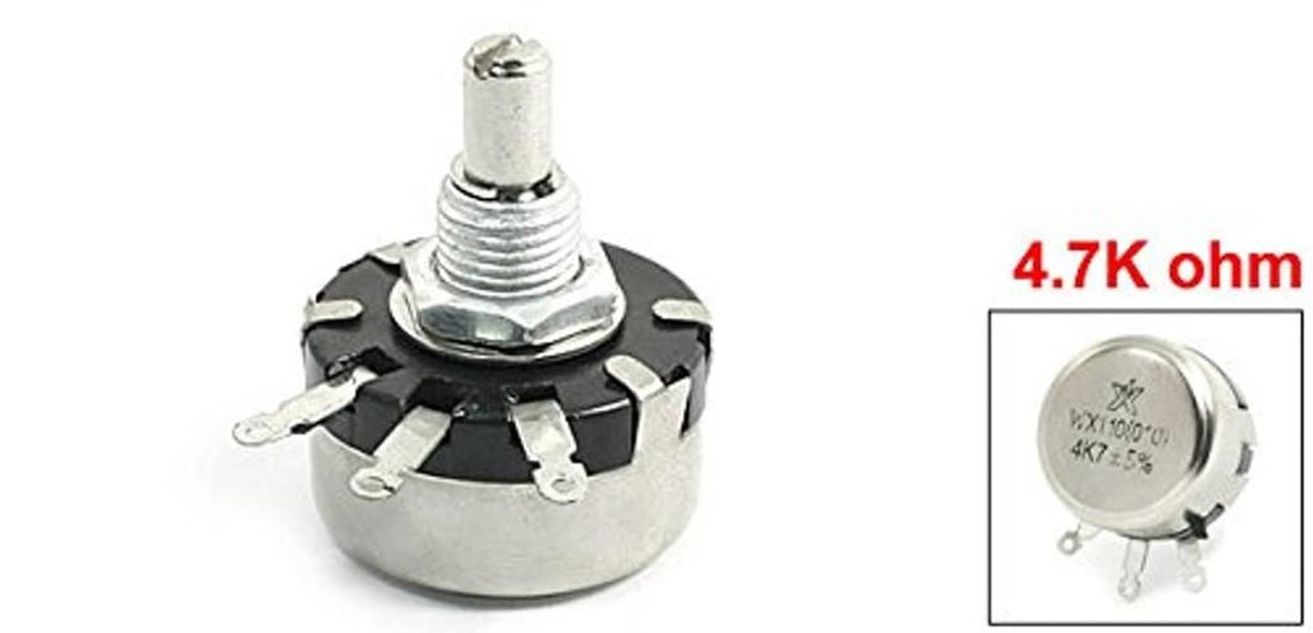 Single-turn potentiometer with metal threaded shaft and three-lead black terminal block