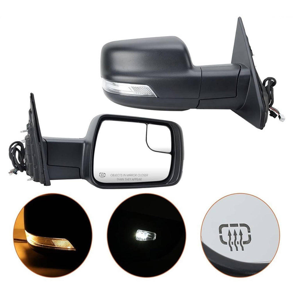 Black heated mirror set with turn-signal light, close-up feature views