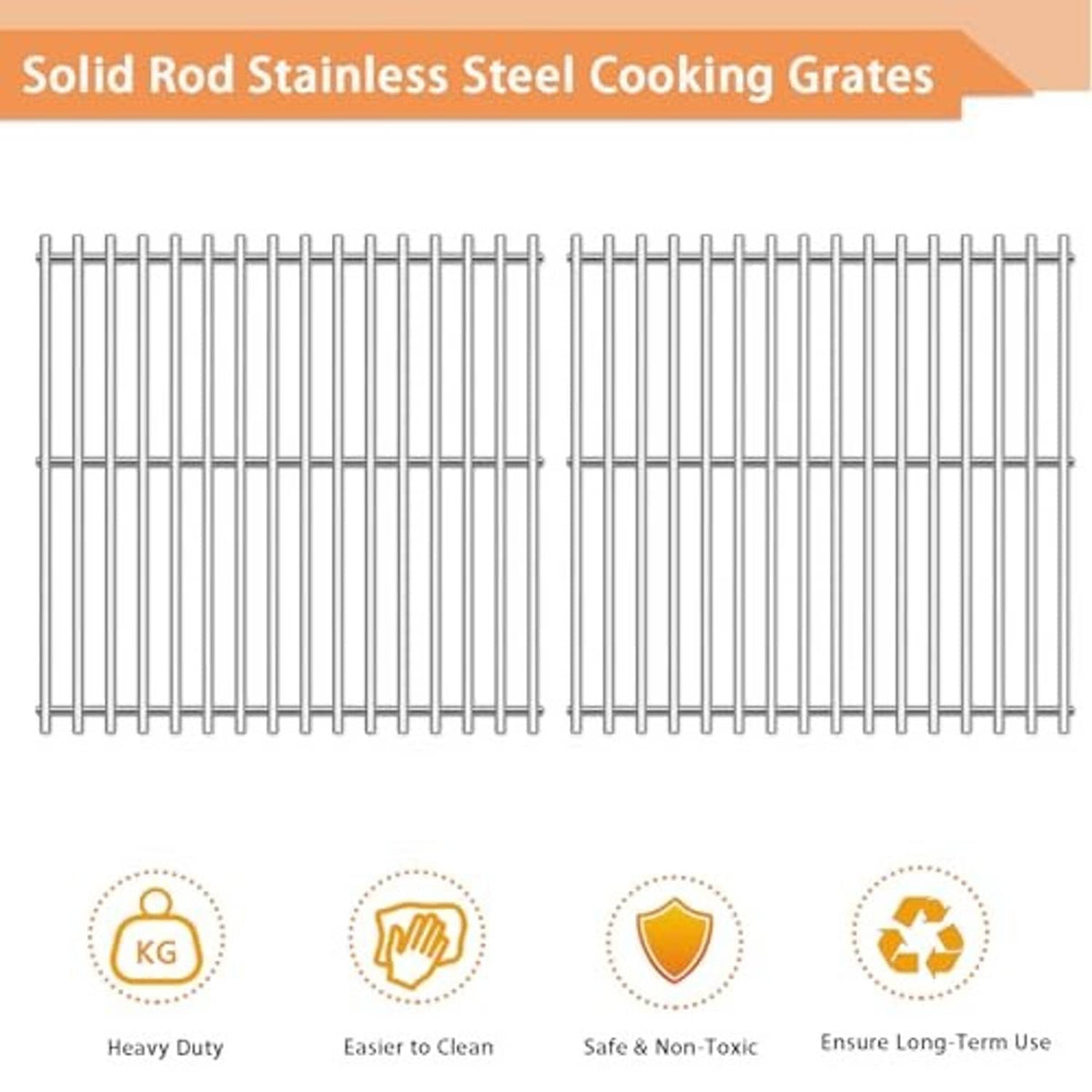 Stainless steel two-piece rod cooking grate for grill replacement