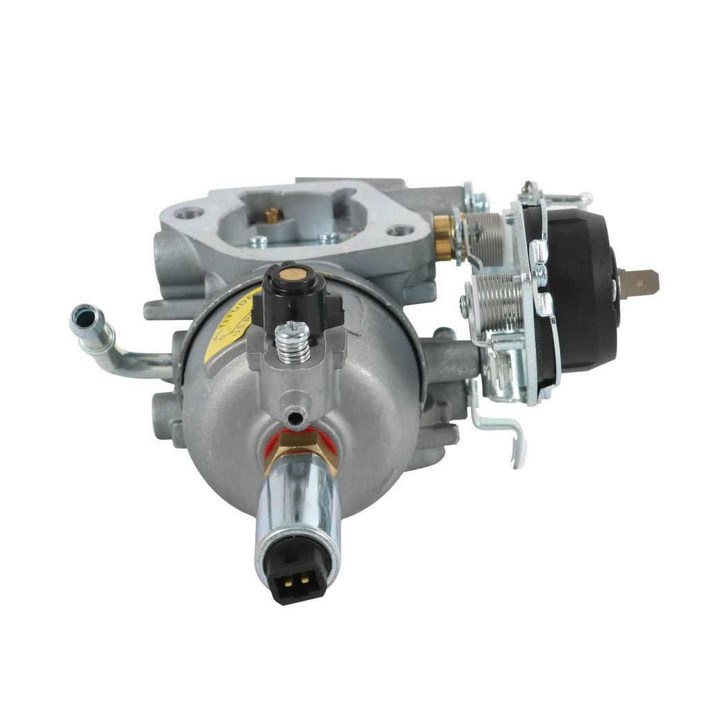 Carburetor assembly with adjustment controls and fuel inlet connector