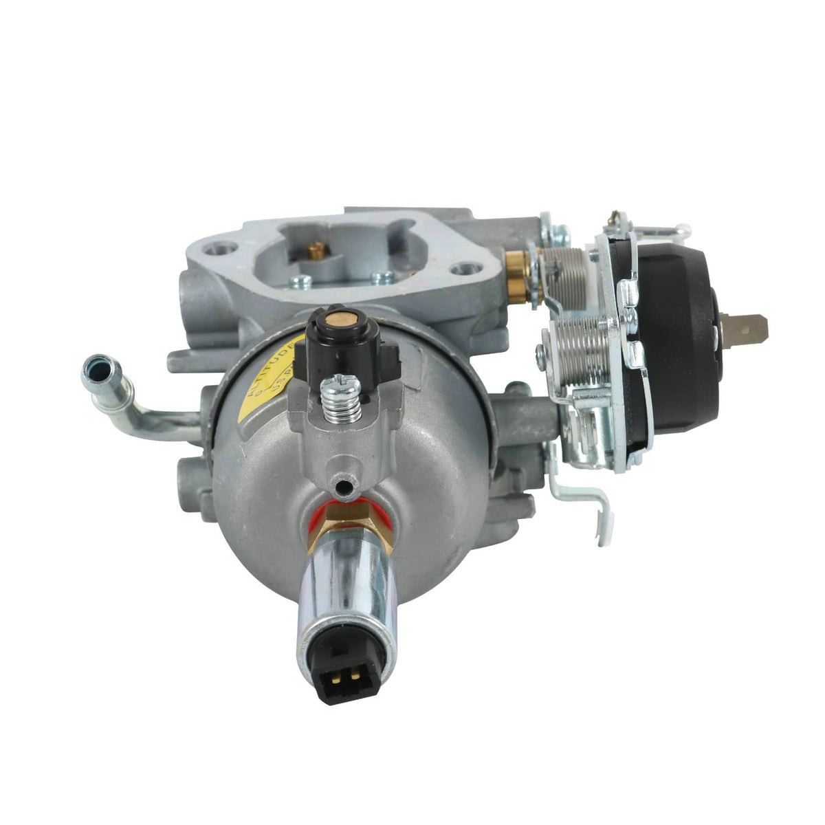 Carburetor assembly with adjustment controls and fuel inlet connector