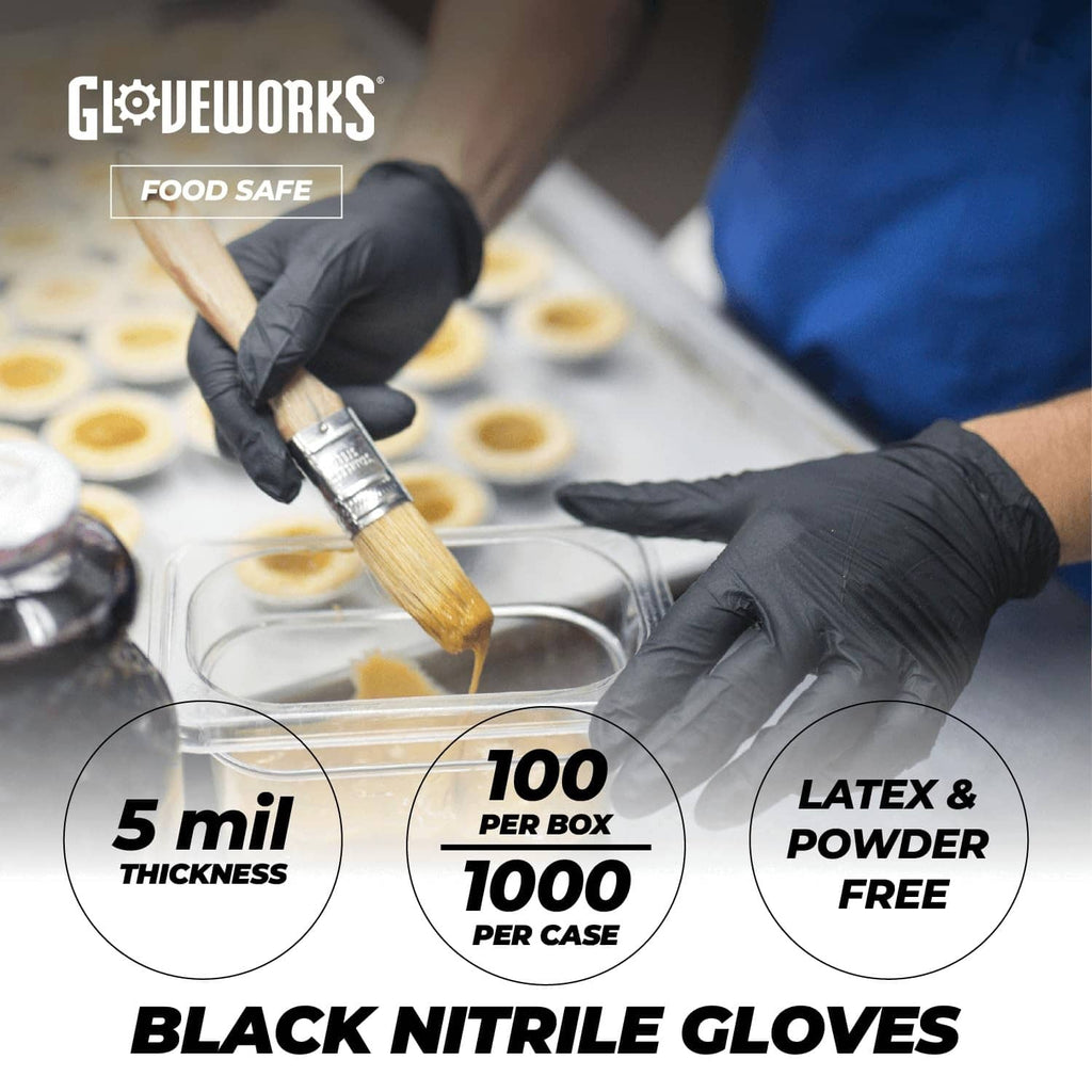 Black nitrile gloves in food prep, 5 mil thickness with latex-free claim