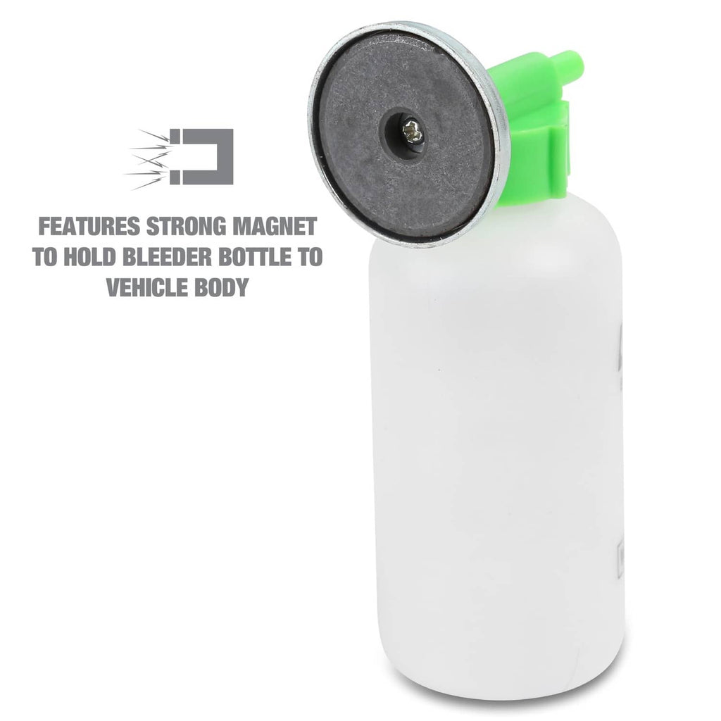 Brake bleeder bottle with strong magnet top and green nozzle connector