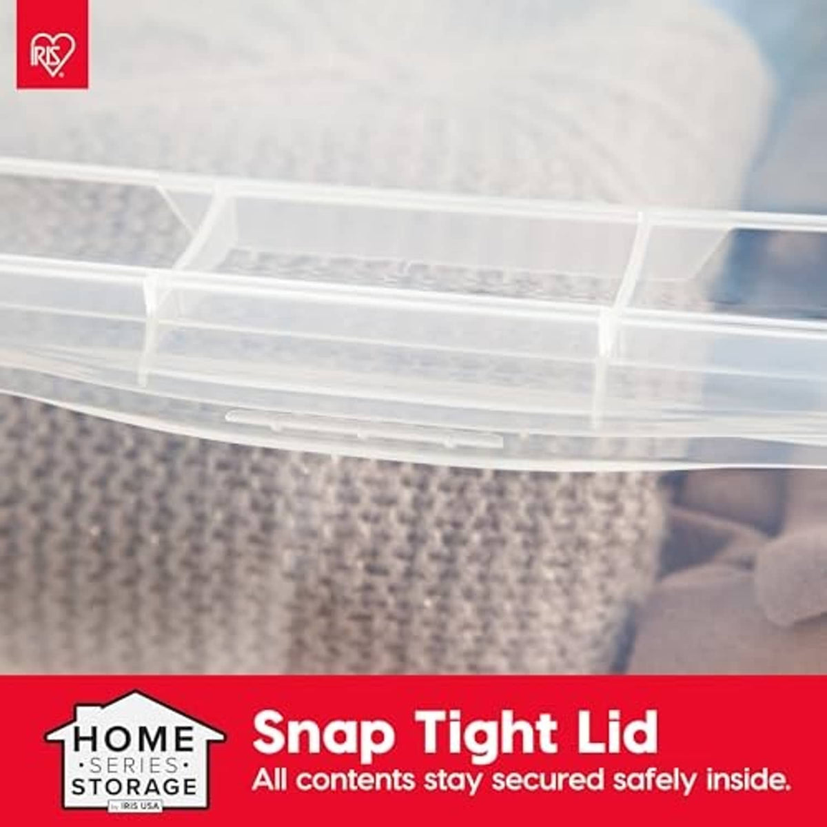 Close-up of clear storage bin lid and snap-tight locking edge