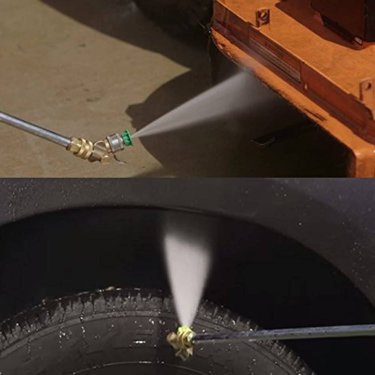 Brass pivoting coupler spraying water jet for hard-to-reach cleaning areas