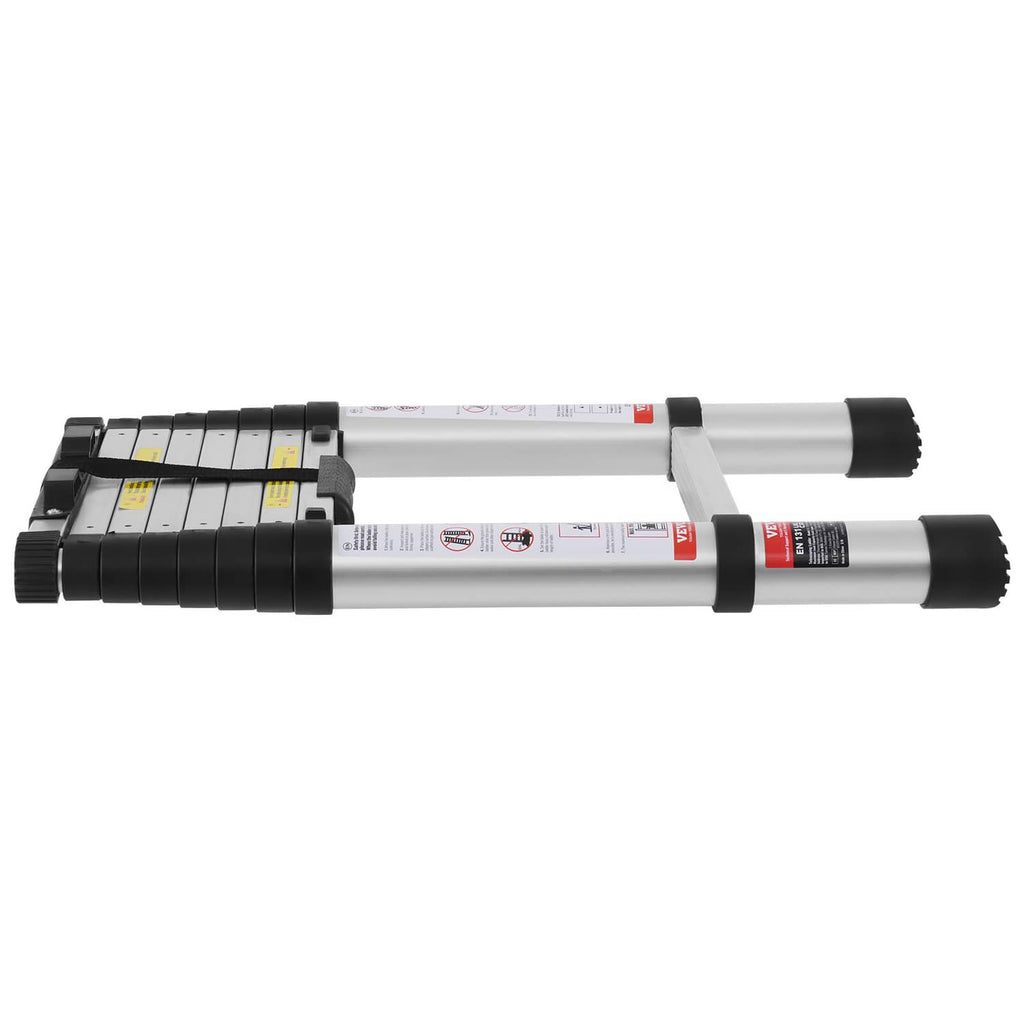 Telescoping extension ladder, extended with black step treads and silver rails