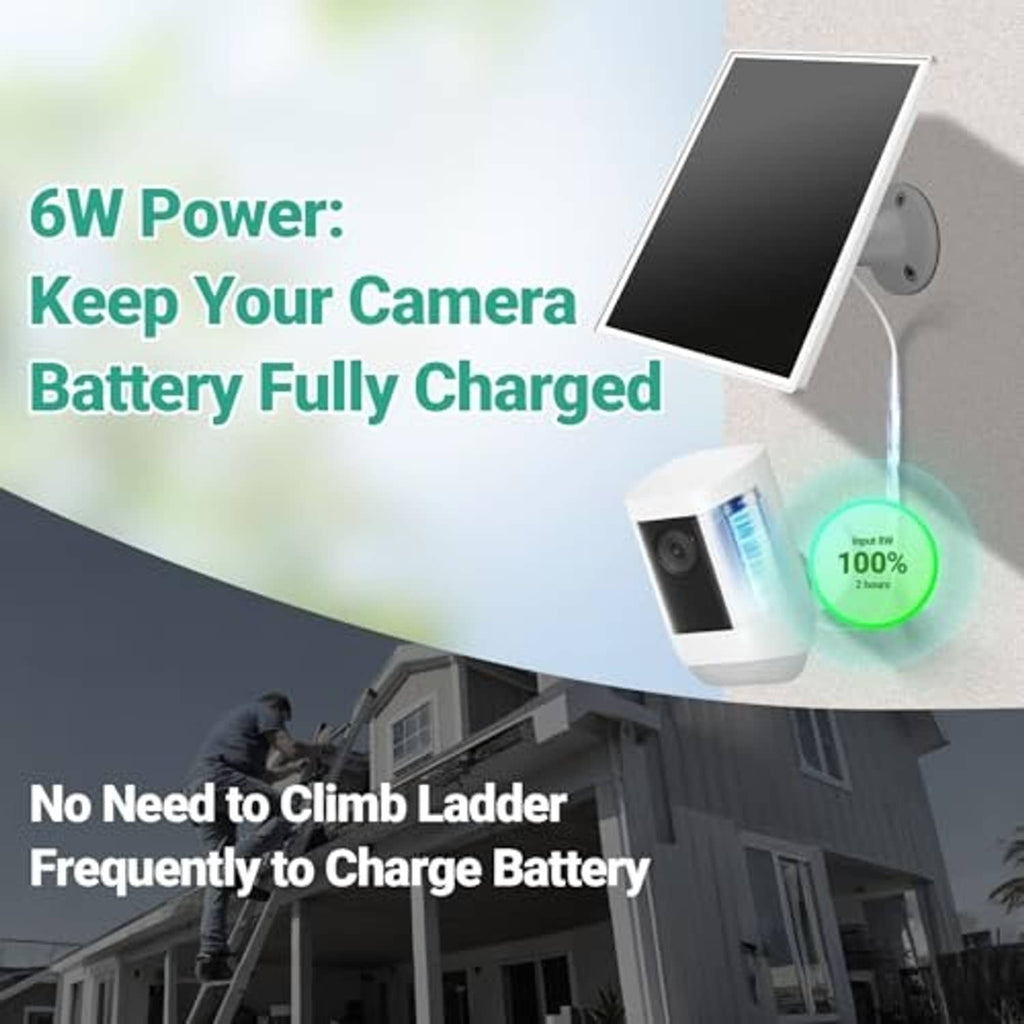 Solar panel charger with black solar panel and white wall mount for outdoor camera.