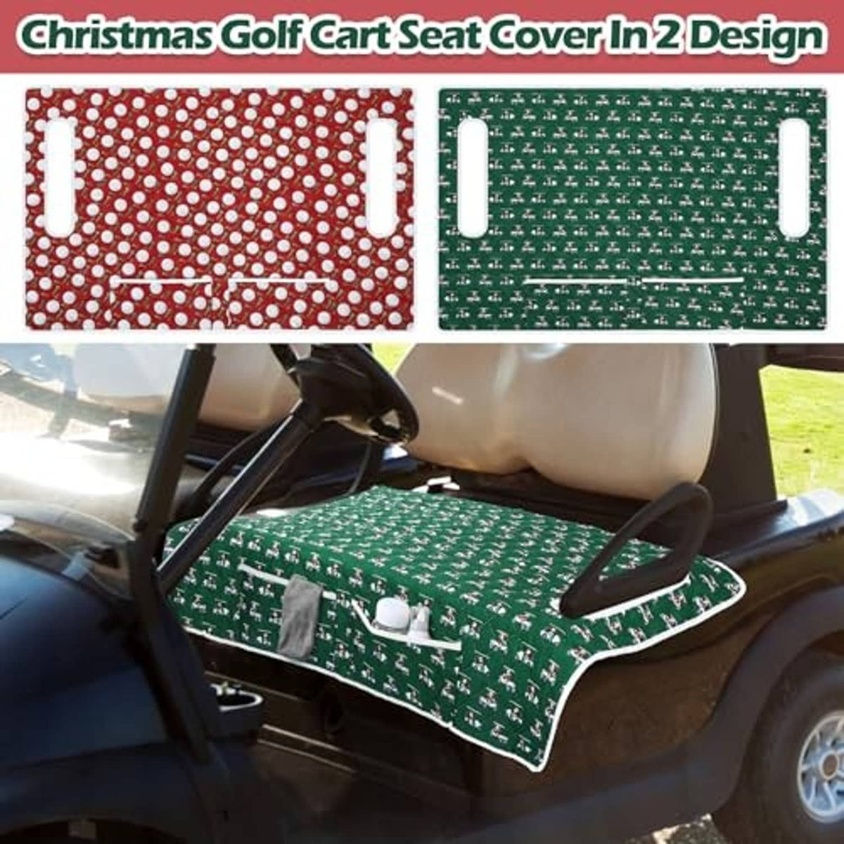 Two golf cart seat cover designs: red with white dots and green with holiday motifs