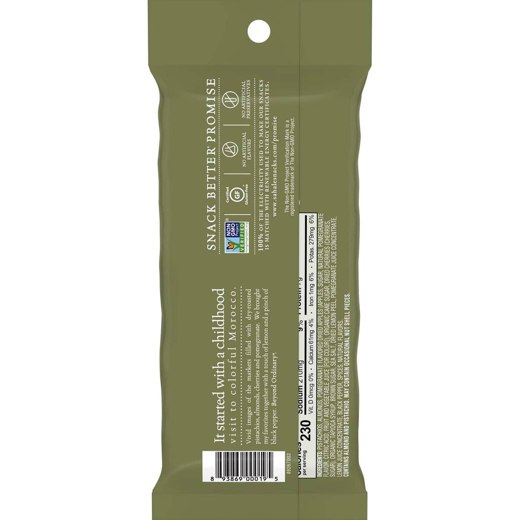 Sahale Snacks pomegranate flavored glazed pistachios snack bag, back label view