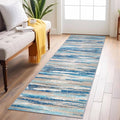 Abstract blue runner rug with horizontal striped pattern for hallway floors